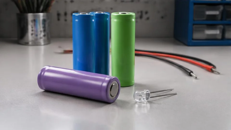 AI-generated image of rechargeable cylindrical batteries beside an unconnected wire and LED.