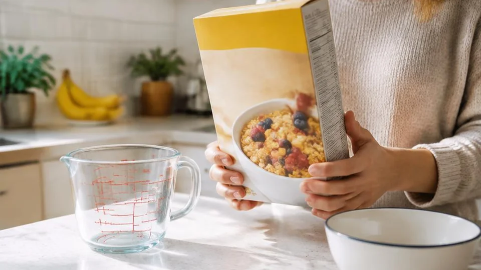 AI-generated image of hands holding a cereal package beside a measuring cup in a kitchen.