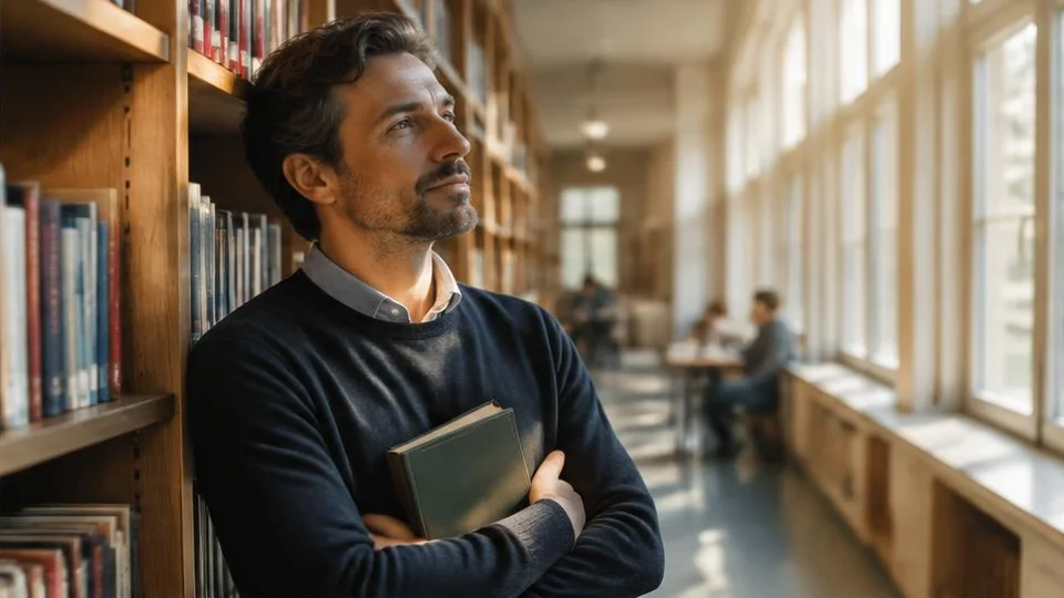 AI-generated image of a thoughtful adult standing in a sunlit library.
