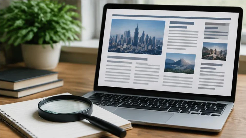AI-generated image of a laptop showing a news-page layout beside a magnifying glass.