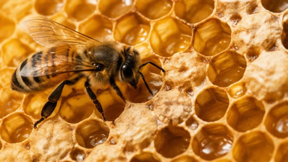 AI-generated illustration of a honeybee on honeycomb with amber honey.