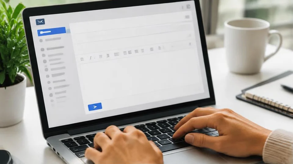 AI-generated image of hands typing on a laptop with an email window open.