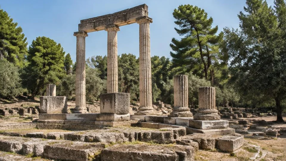 AI-generated illustration of ancient stone columns and ruins at Olympia.