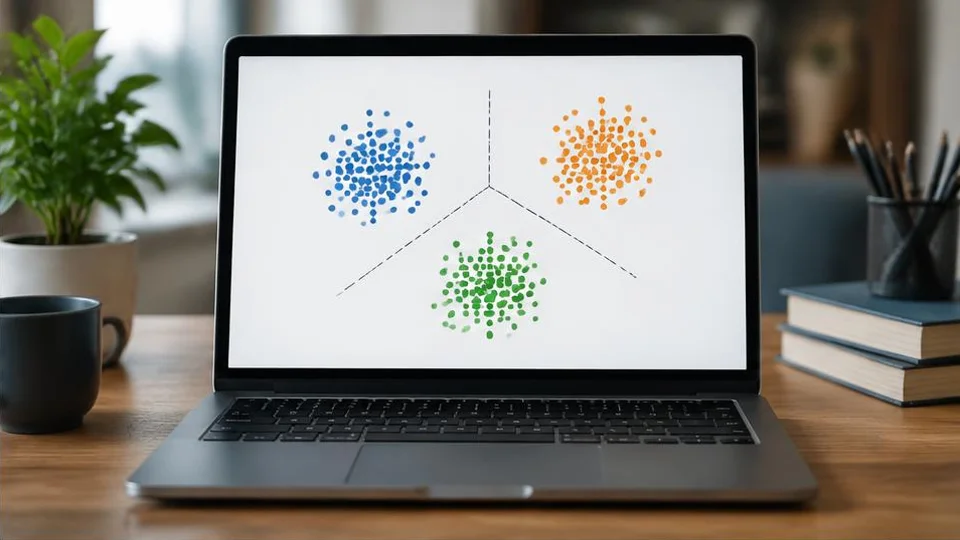 AI-generated image of a laptop displaying three clusters of coloured data points.