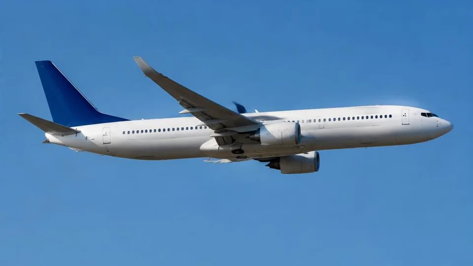 AI-generated illustration of a passenger jet flying against a clear blue sky.