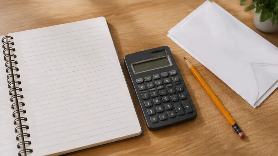 AI-generated image of a notebook, calculator, pencil and envelopes on a desk.