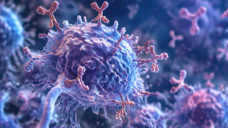 AI-generated scientific illustration of a textured immune cell and Y-shaped antibody molecules.