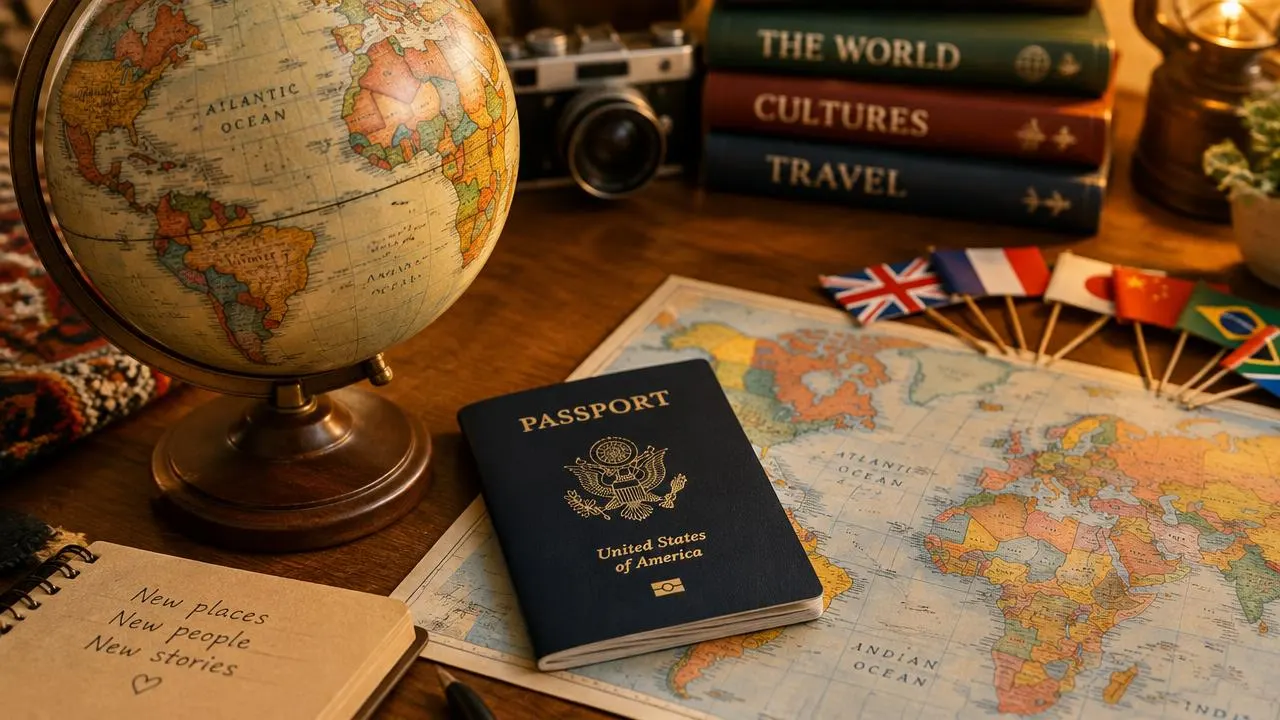 A vintage globe beside a passport, map and flags