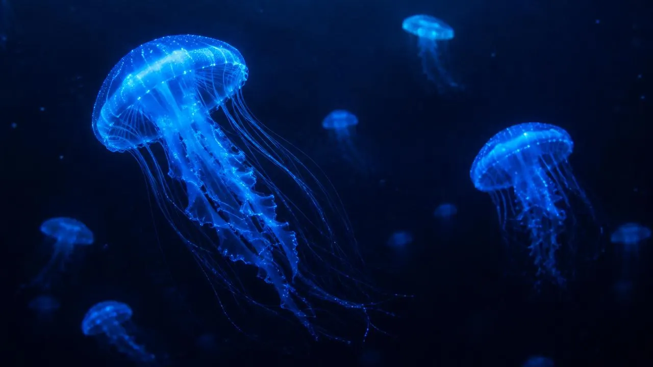 Glowing blue jellyfish in the dark deep ocean
