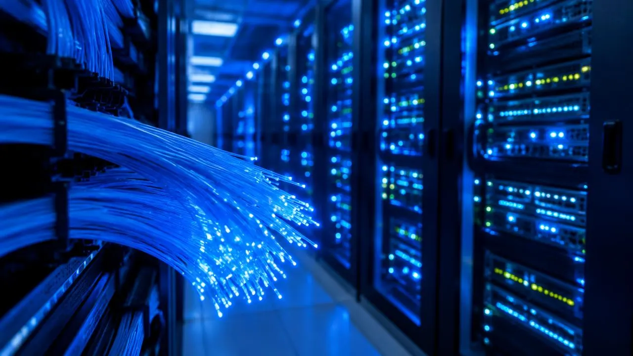 Glowing fibre optic cables in a data centre