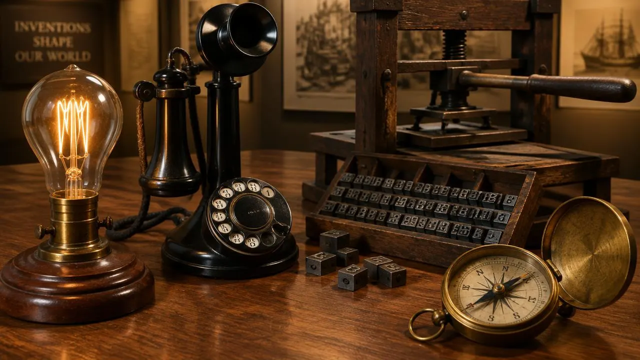 Vintage light bulb, telephone, printing press and compass