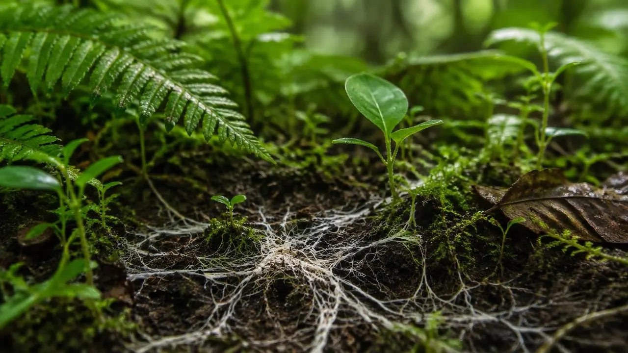 Forest floor with seedlings and fungal threads in the soil