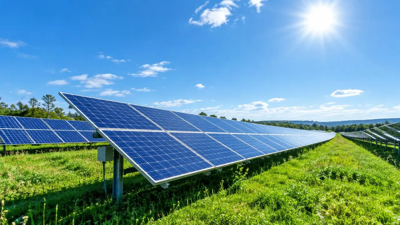 Rows of solar panels in a green field under the sun