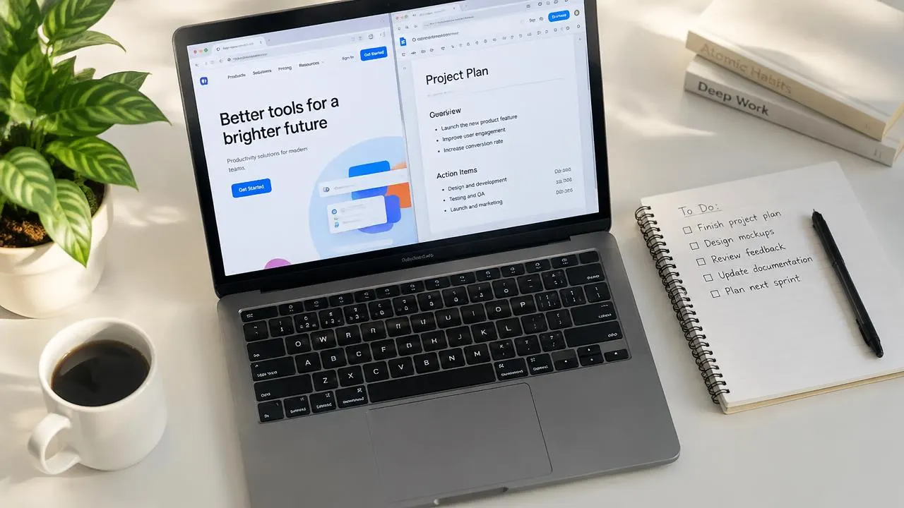 A laptop on a bright desk with a notebook and coffee
