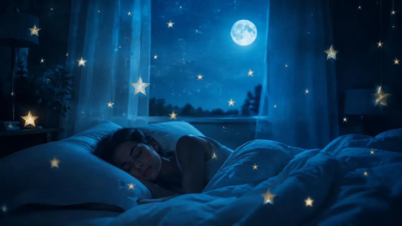 A person sleeping peacefully under a moonlit window